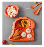 Load image into Gallery viewer, Kids Cartoon Dinosaur Divided Plate Set with Bowl Spoon Fork Microwave Safe BPA Free Orange